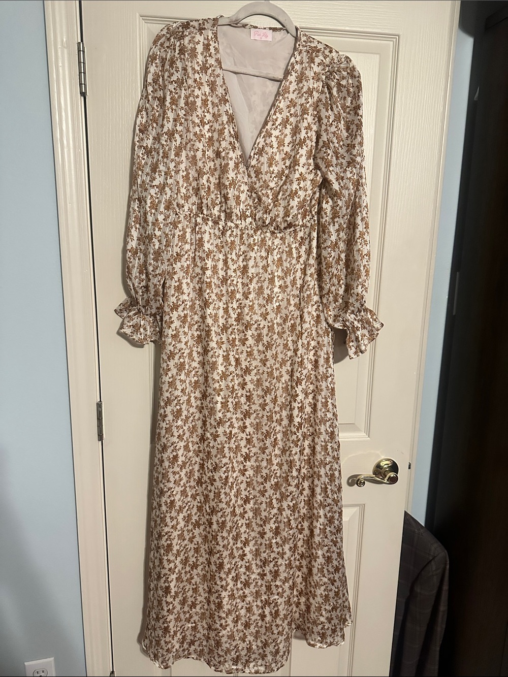 Pink Lily Cream Maxi Dress with Brown Floral Pattern
